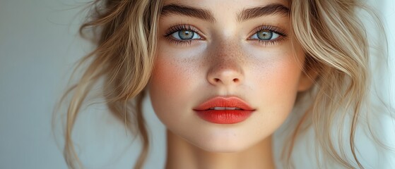 Fototapeta premium Young woman with blonde hair and red lips, soft natural light, subtle smile, white background