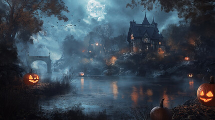 Naklejka premium A spooky Halloween scene with a haunted house, a bridge, pumpkins, and a full moon.