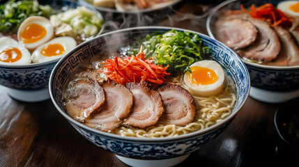 Close-up of steaming bowl of ramen with pork, egg, and green onions.