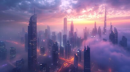 Fototapeta premium Dubai Skyline, Cityscape Above Clouds with Sunset
