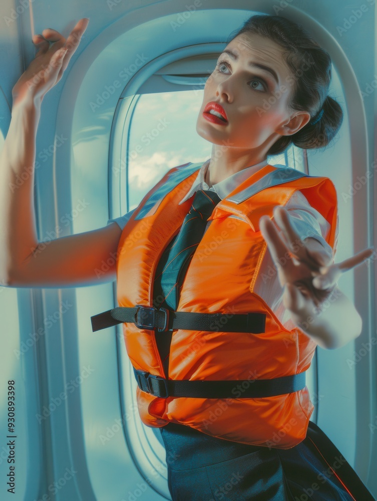 Poster a flight attendant demonstrates safety procedures by wearing a bright life jacket inside an airplane