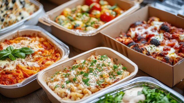 An image of a catering delivery with various dishes, with ample copy space