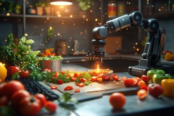 Robotic arms in a high tech kitchen preparing a gourmet meal showcasing the future of cooking with AI and automation integrated into everyday culinary practices