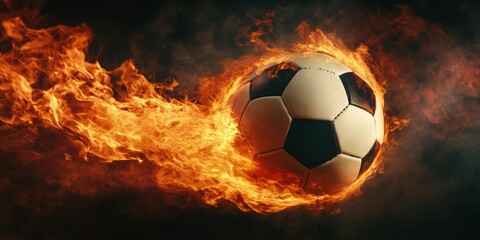 Fototapeta premium A vibrant, dynamic soccer ball surrounded by flames, vividly symbolizing the energy and deep passion for this sport
