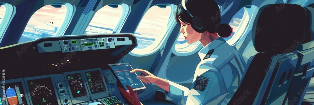 Poster a flight attendant reviews important information on a tablet as the sun sets outside the cockpit win