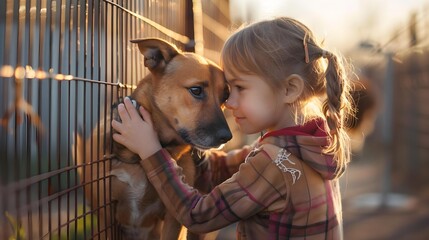 A little girl helps in adopting a dog from a dog rescue shelter