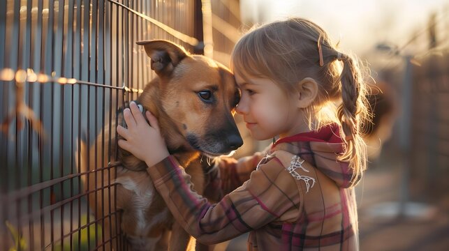 A little girl helps in adopting a dog from a dog rescue shelter