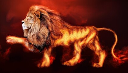 fire lion digital drawing of a fiery lion on a dark red background