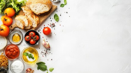Bright and clean white surface with a few scattered food items, offering a minimalist background with copy space.