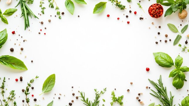 Bright white background with fresh herbs and spices arranged around the edges, perfect for text overlays.