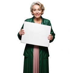 An elderly woman with short, curly white hair, standing against a plain white background. She wears a long, dark green coat over a light pink dress. Her hands hold a blank.