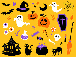 手描きのハロウィンセット黄色背景_ベクターイラスト