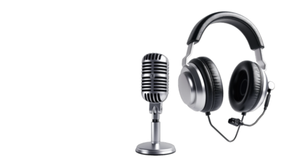 "Aerial view of a recording microphone and headphones on a clear background, representing a podcast concept. Wireless microphone featured."