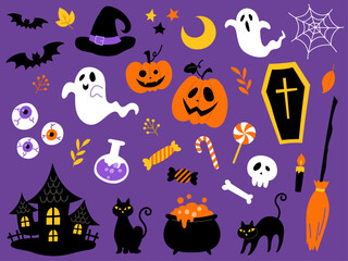 手描きのハロウィンセット紫背景_ベクターイラスト