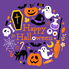 円形のハロウィンベクターイラスト素材_紫背景