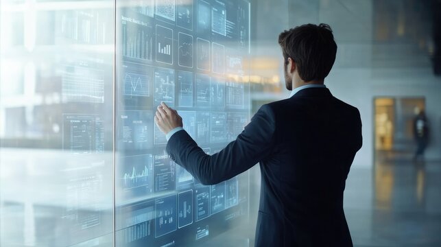 Businessman in a modern office setting, interacting with a transparent screen displaying business apps, emphasizing the role of technology in business.