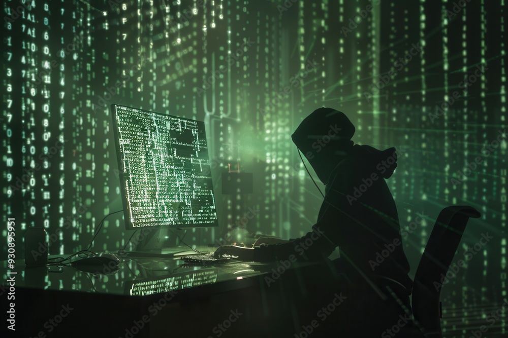 Aufkleber a hacker in a hoodie diligently types on a computer in a dark room, surrounded by streams of green c