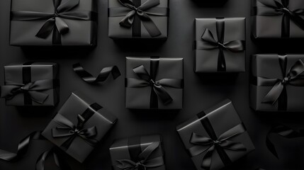 Dark Christmas theme with square boxed gifts wrapped in black