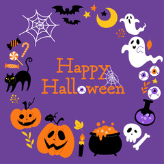 手描きのハロウィン丸フレーム紫背景_文字あり_ベクターイラスト