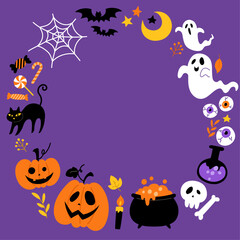 Fototapeta premium 手描きのハロウィン丸フレーム紫背景_ベクターイラスト