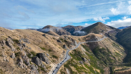 Aerial view of the mountains shrouded in cloud in Torlesse Tussocklands Park