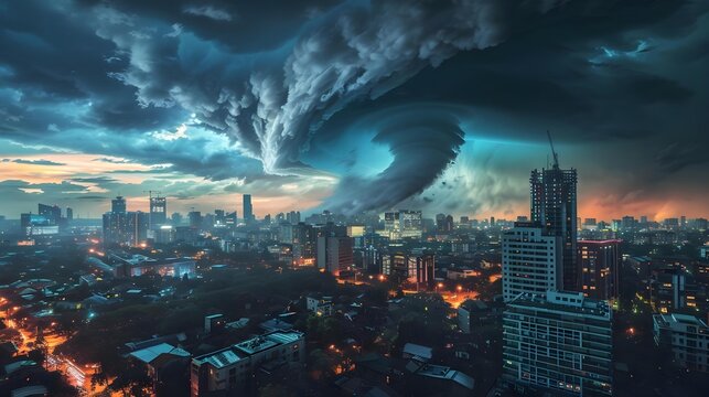 Dramatic tornado approaches modern cityscape at twilight
