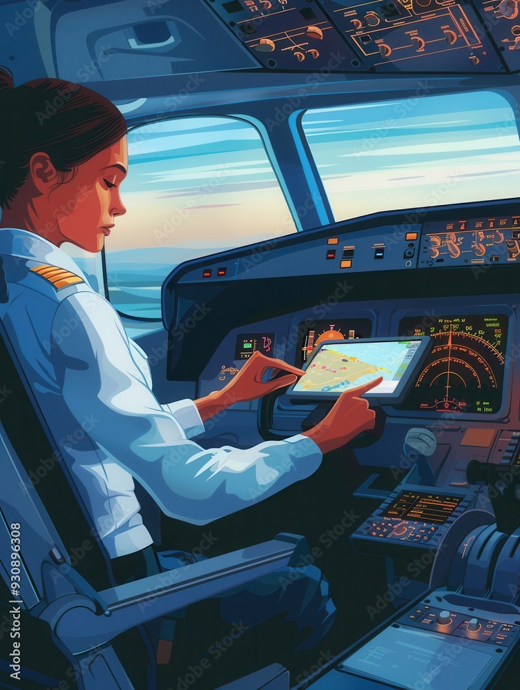 Poster a flight attendant expertly manages a digital tablet while piloting an aircraft as the sun sets, ill