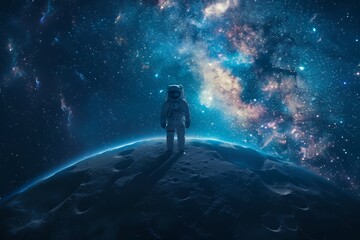 Obraz premium An astronaut stands on the surface of the moon, gazing up at the vast expanse of the Milky Way.