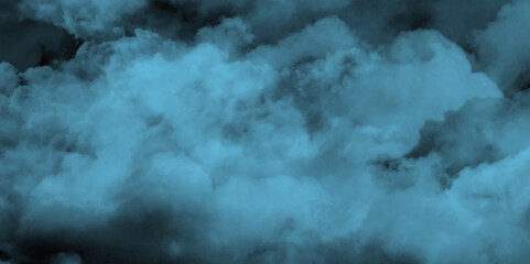Abstract light and dark cyan clouds over the fog and smoke hover in the sky like a hazy morning mist, modern dark and dramatic blue smoke clouds in the sky grunge black background with copy space.