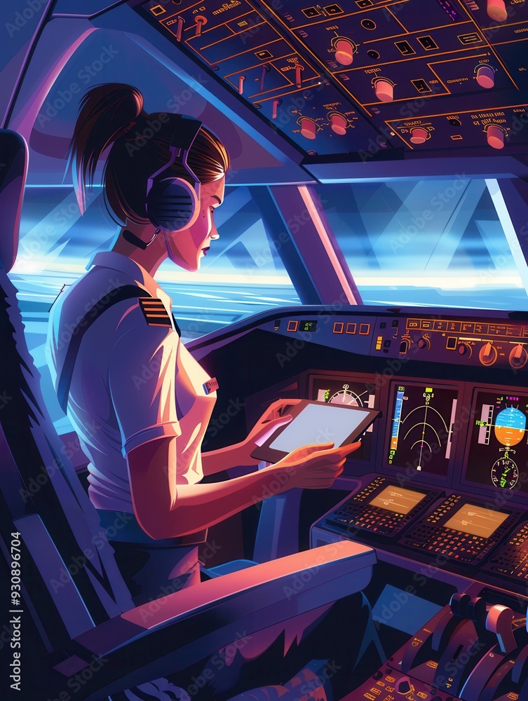 Poster A flight attendant reviews flight information on a tablet while seated in the cockpit, surrounded by illuminated flight instruments and controls. Generative AI