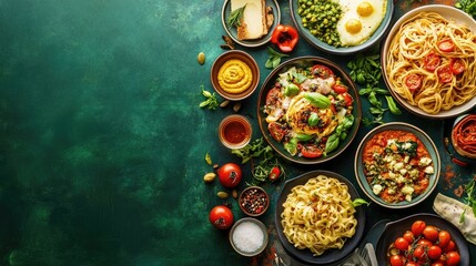 Classic Italian cuisine with ample copy space, showcasing a range of delicious dishes and vibrant ingredients.