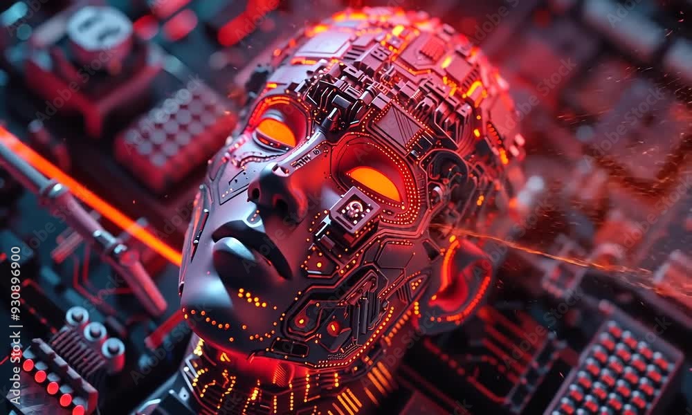 Poster exploring the futuristic design of a robotic head with glowing features in a tech-filled environment