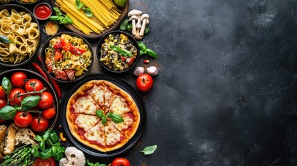 Classic Italian dishes with copy space, including a variety of pasta, pizza, and traditional side dishes.