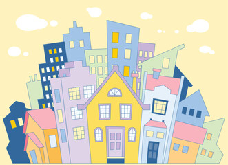 Settlement illustration concept. Drawing of different houses and buildings.
