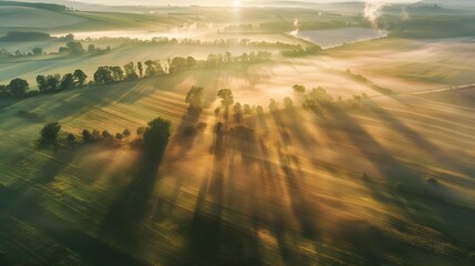 Misty rural landscape at sunrise with long shadows
