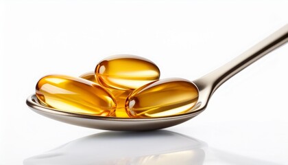 close up of omega 3 capsules in a spoon isolated on a white background shiny and reflective