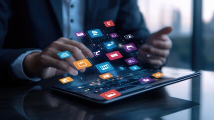 Digital overlay of app icons surrounding a businessman using a tablet, highlighting the importance of mobile apps in today fast-paced business world.