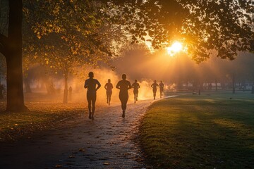 Fototapeta premium Morning joggers in a park with the sun rising, Monday morning, health and wellness