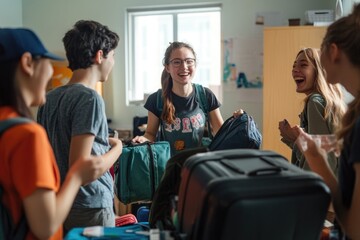 A group of international students in a dorm room, packing suitcases and chatting excitedly as they prepare for the start of the new school year