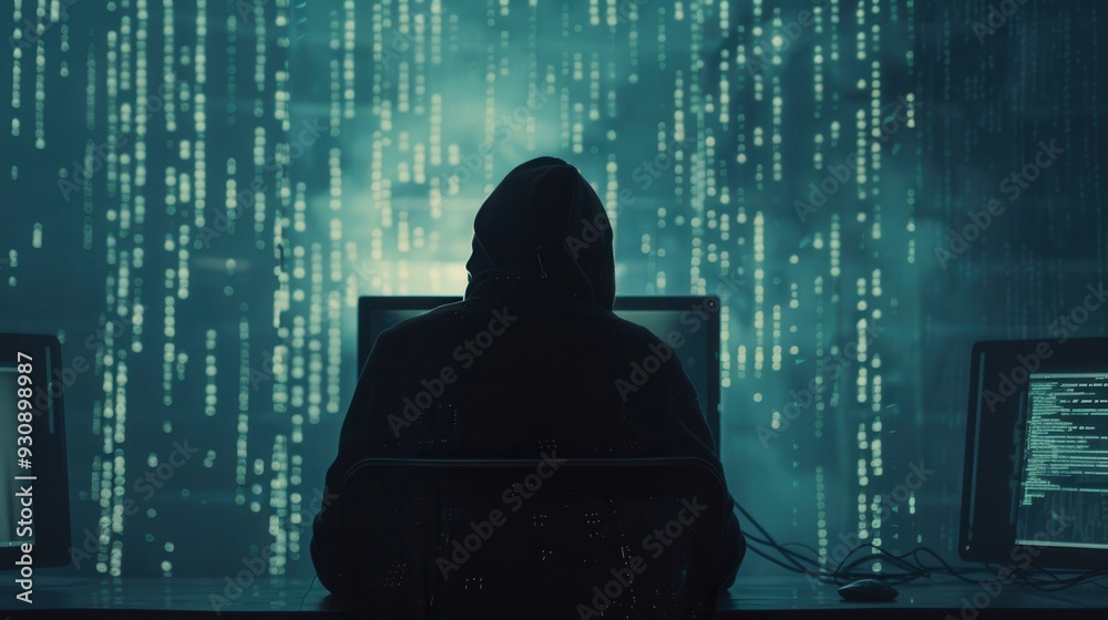 Aufkleber A silhouette of a hacker focuses on a computer screen filled with cascading code, immersed in a quiet, dimly lit atmosphere. Generative AI