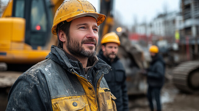 A powerful scene depicting heavy machinery operators at work, skillfully handling large equipment such as excavators and cranes on a construction site,