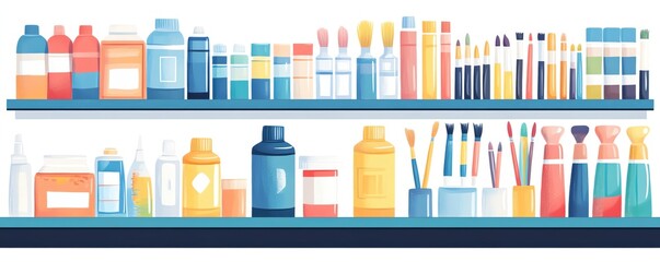 A vibrant shelf featuring various colorful containers and tools, perfect for illustrating organization and creativity in a workspace.