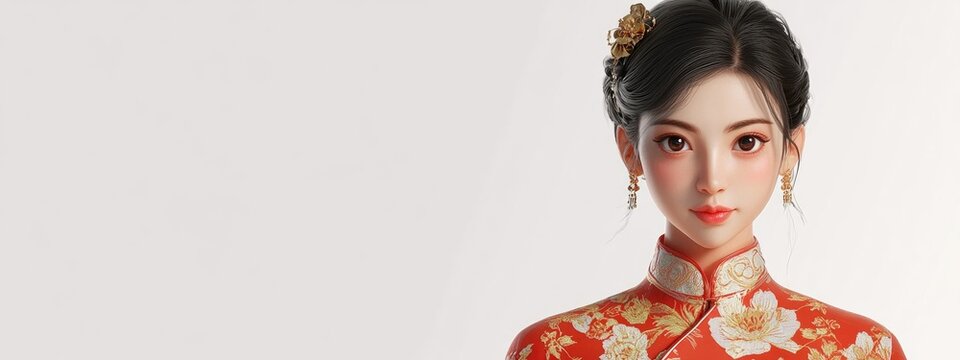3D Cartoon of a Chinese Woman in a Traditional Cheongsam on a White Background