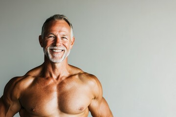 Fototapeta premium A healthy and fit senior man with a toned physique, smiling confidently against a plain backdrop, embodying strength and wellness