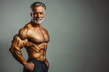 Obraz premium A muscular senior man with a powerful physique, confidently posing against a plain backdrop, highlighting his fitness journey