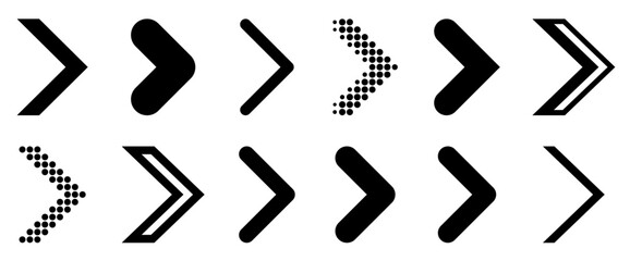 A collection of minimalist black arrow icons with solid and dotted designs, showcasing various shapes for clean, modern navigation. Vector illustration.