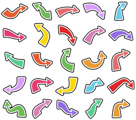 Vector illustration featuring a collection of vibrant curved arrows in various colors with bold white outlines and dynamic directions.