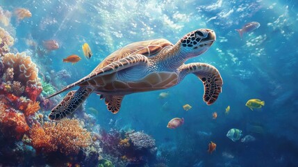 Sea Turtle Swimming Through Coral Reef