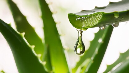 aloe gel dropping from fresh aloe vera leaf cut aloe vera plant at the background