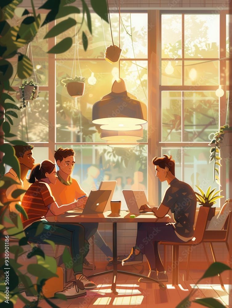 Poster A group of young entrepreneurs discusses ideas while working on laptops at a stylish cafe, creating an inspiring atmosphere. Generative AI